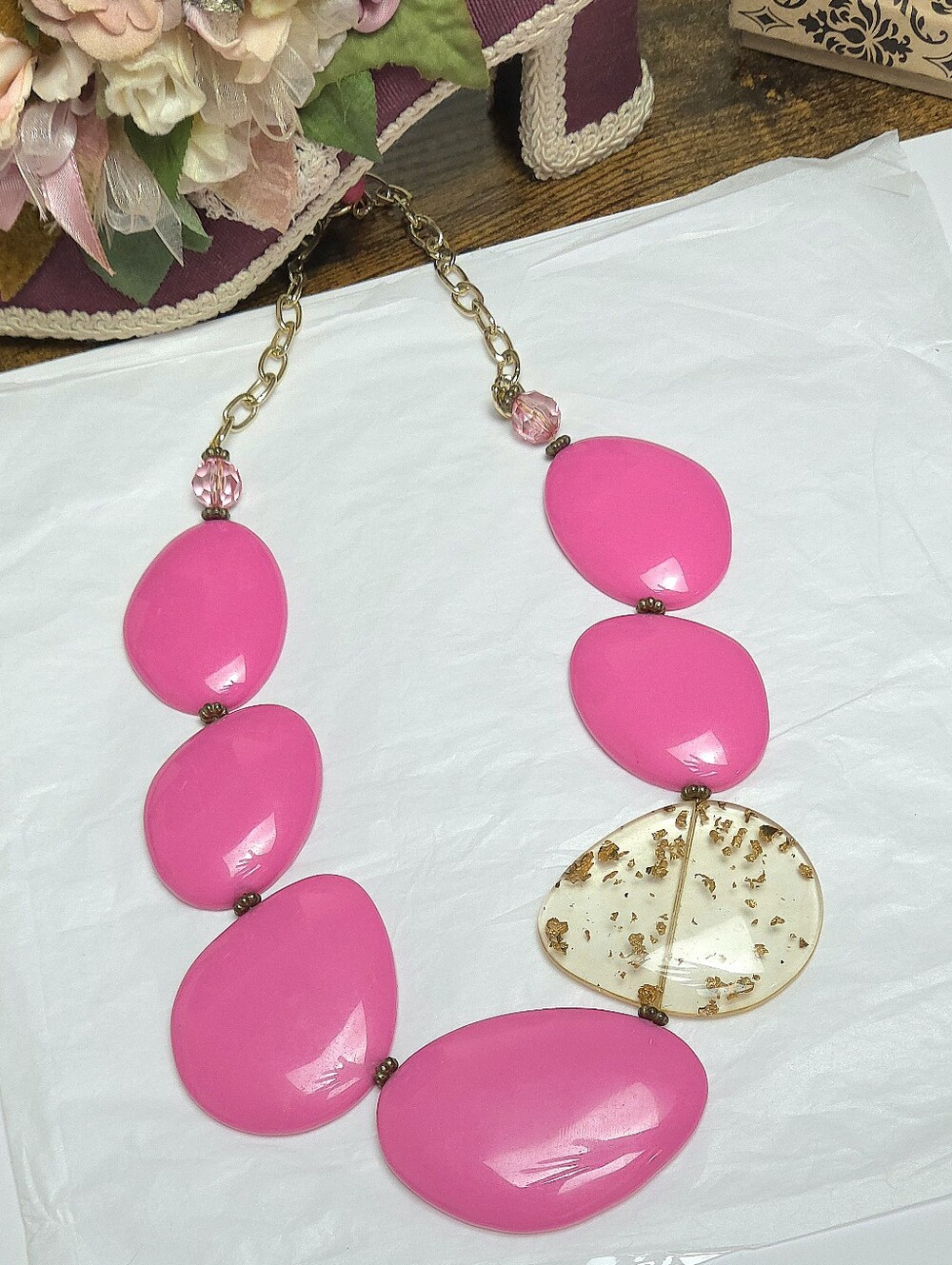 Vintage Hot Pink Asymmetric Pebble & Gold Flake Translucent Bead Necklace 20"